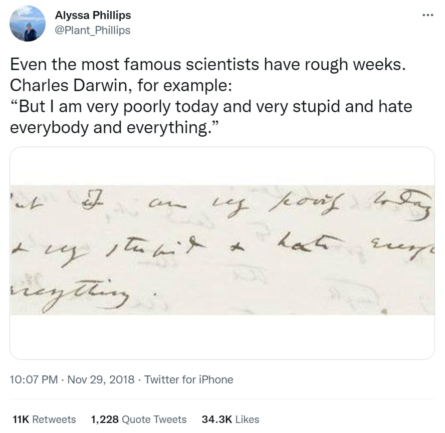 twitter post of a letter from Charles Darwin describing that he felt 'very poorly'